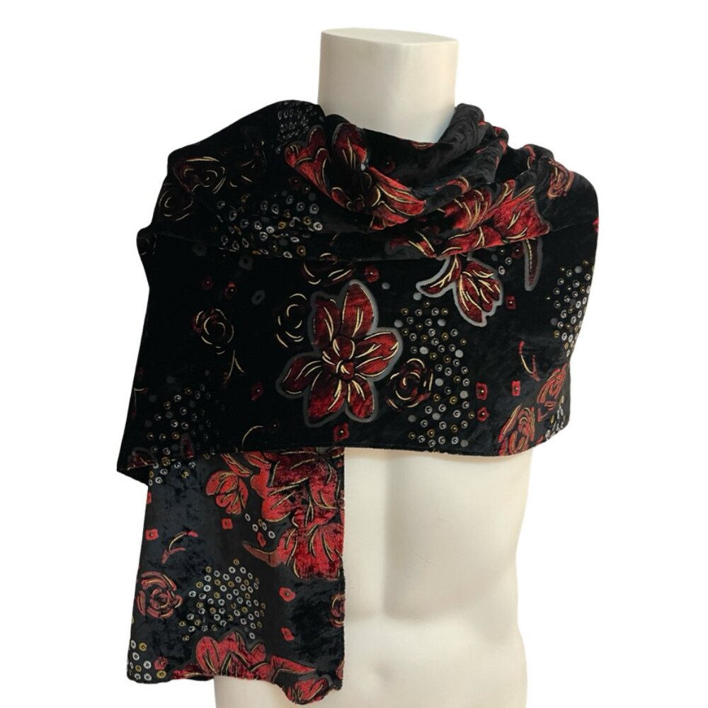 Studio Hilary Radley Floral Velvet Scarf Black Red Gold